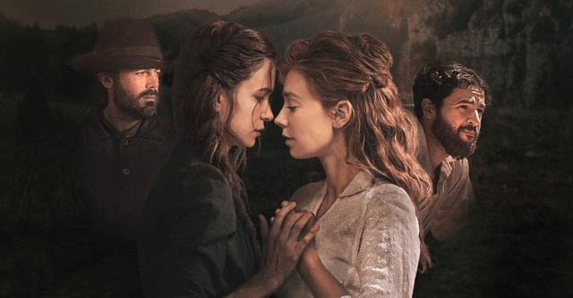 Na foto, em 1° plano, há as protagonistas, Abigail e Tallie, da esquerda para a direita. Atrás delas, estão seus respectivos maridos, com fisionomias de que estão olhando para o horizonte.