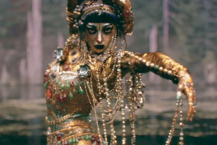 #paratodosverem: Em uma cena de animação hiper-realista, uma figura feminina está adornada da cabeça aos pés com ouro, pérolas e joias. Ela tem o rosto pálido com maquiagem escura e intensa nos olhos e na boca. Seu corpo está inclinado para a frente e um de seus braços está estendido, com a mão coberta de joias pendendo. O fundo é um cenário de floresta desfocado.