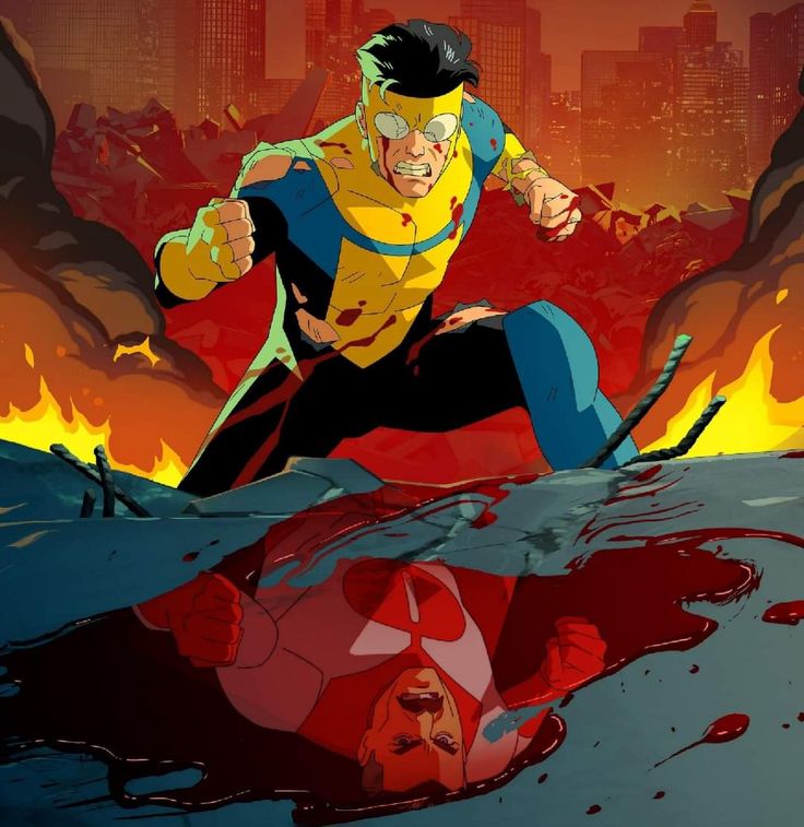 Uma imagem promocional vibrante e dramática da série animada "Invincible". No primeiro plano, o protagonista Invincible (Mark Grayson) aparece em seu traje azul e amarelo, visivelmente ferido com rasgos e sangue, ajoelhado em um cenário de destruição e escombros que estão em chamas, com uma cidade em ruínas ao fundo. Seu rosto expressa dor e fúria, com o punho cerrado e os dentes cerrados. Abaixo dele, refletido em uma poça de sangue ou líquido escuro no chão, está a imagem de seu pai, Omni-Man (Nolan Grayson), em seu traje branco e vermelho, deitado e aparentemente sem vida ou gravemente ferido, cercado por uma grande quantidade de sangue. O título "INVINCIBLE" em letras amarelas estilizadas com contorno preto e detalhes em azul domina a parte superior da imagem.