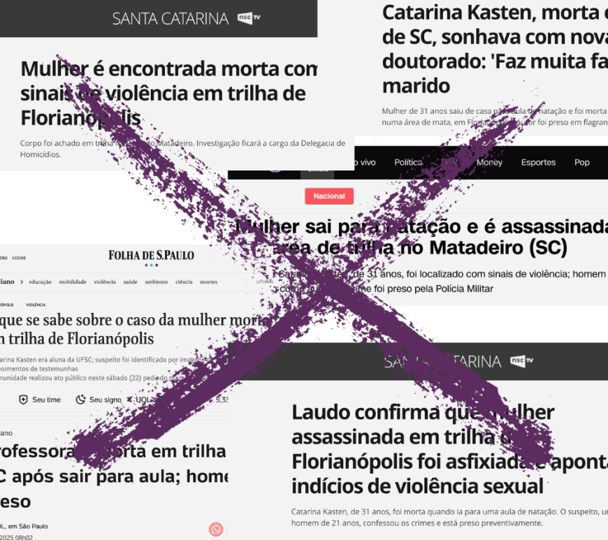 Montagem com diversas manchetes de jornais sobre um feminicídio recente. Sobre elas, um X roxo.