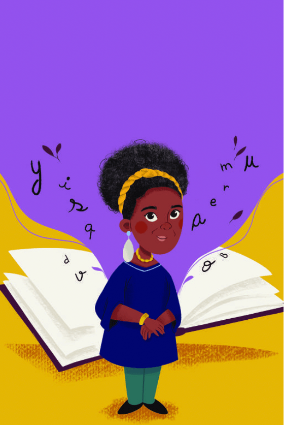 Ilustração da escritora Conceição Evaristo, em traços com cores fortes. É uma mulher negra, cabelos crespos para o alto, de túnica azul, calça verde, em frente a um grande livro aberto. 