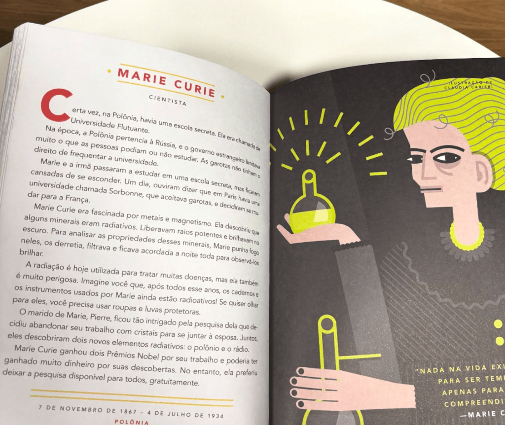 Páginas de livro infantil sobre Marie Curie. De um lado, texto, do outro, ilustração da cientista com vidro de laboratório.