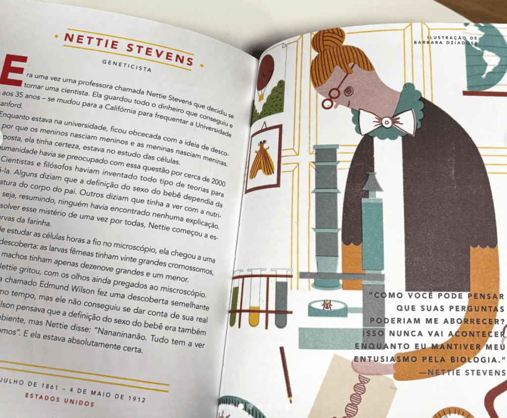 Página de livro sobre Nettie Stevens. De um lado, texto, do outro ilustração da cientista olhando algo em um microscópio.