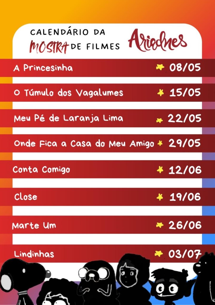 Cartaz em vermelho, com bordas em amarelo e azul, contendo a programação de filmes da mostra. Na parte inferior, personagens infantis em negativo.