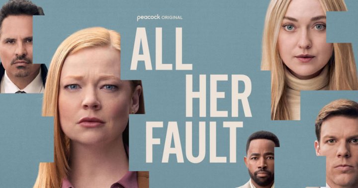 A imagem é um pôster promocional de uma série intitulada “All Her Fault”. O fundo é em tom azul claro, e no centro está o título em letras grandes e claras.

O design é composto por recortes geométricos que mostram diferentes rostos de personagens, como se fossem peças de um quebra-cabeça. À esquerda, há uma mulher loira com expressão séria e preocupada, em destaque. Ao redor dela aparecem outros personagens: um homem parcialmente visível à esquerda, uma mulher loira à direita com olhar intenso, e dois homens na parte inferior direita, todos com expressões tensas ou desconfiadas.

No topo, aparece a indicação “Peacock Original”, sugerindo que é uma produção original da plataforma.