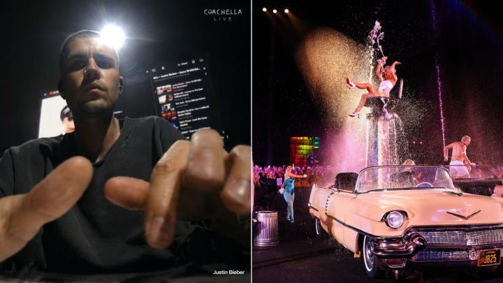Esta imagem apresenta uma montagem com dois momentos marcantes do festival Coachella, contrastando estilos de performance bem diferentes. No lado esquerdo, vemos um plano fechado de Justin Bieber capturado de um ângulo de baixo para cima. Ele aparece com o cabelo raspado, vestindo uma camiseta preta simples e usando fones de retorno, mantendo uma expressão séria enquanto suas mãos aparecem em primeiro plano, ligeiramente desfocadas. Ao fundo, um telão exibe o que parece ser uma interface de reprodução de vídeo, conferindo um ar tecnológico e intimista à cena.

Já o lado direito da imagem exibe uma produção visualmente exuberante de Sabrina Carpenter. Ela está posicionada no topo de uma estrutura que simula um chafariz jorrando água, estrategicamente montada sobre um carro clássico conversível de cor bege. Sabrina usa um figurino branco e botas de salto, compondo uma pose glamourosa em meio ao brilho da água iluminada pelos refletores do palco. O cenário ao redor inclui dançarinos, o público ao fundo e uma das icônicas torres coloridas do festival, resultando em uma composição vibrante, teatral e cheia de energia.