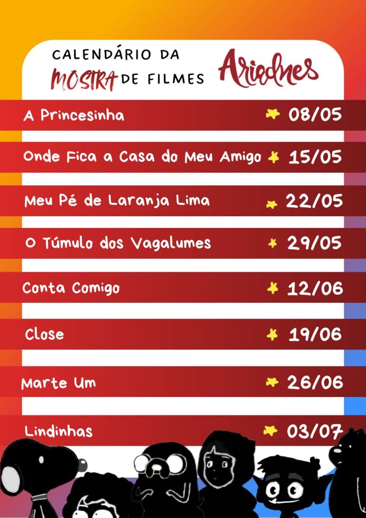 Cartaz em vermelho, com bordas em amarelo e azul, contendo a programação de filmes da mostra. Na parte inferior, personagens infantis em negativo.